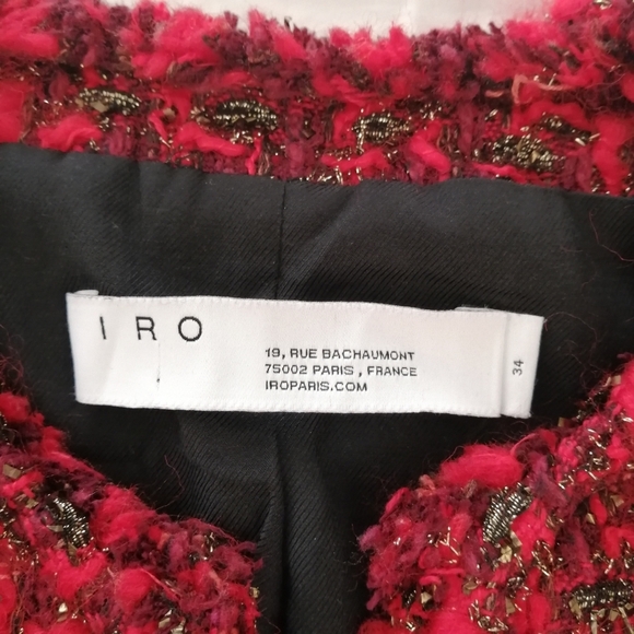 IRO Disco Frayed Metallic Bouclé-Tweed Blazer Jacket Red Wool Open Front 34 2 US - Picture 13 of 17